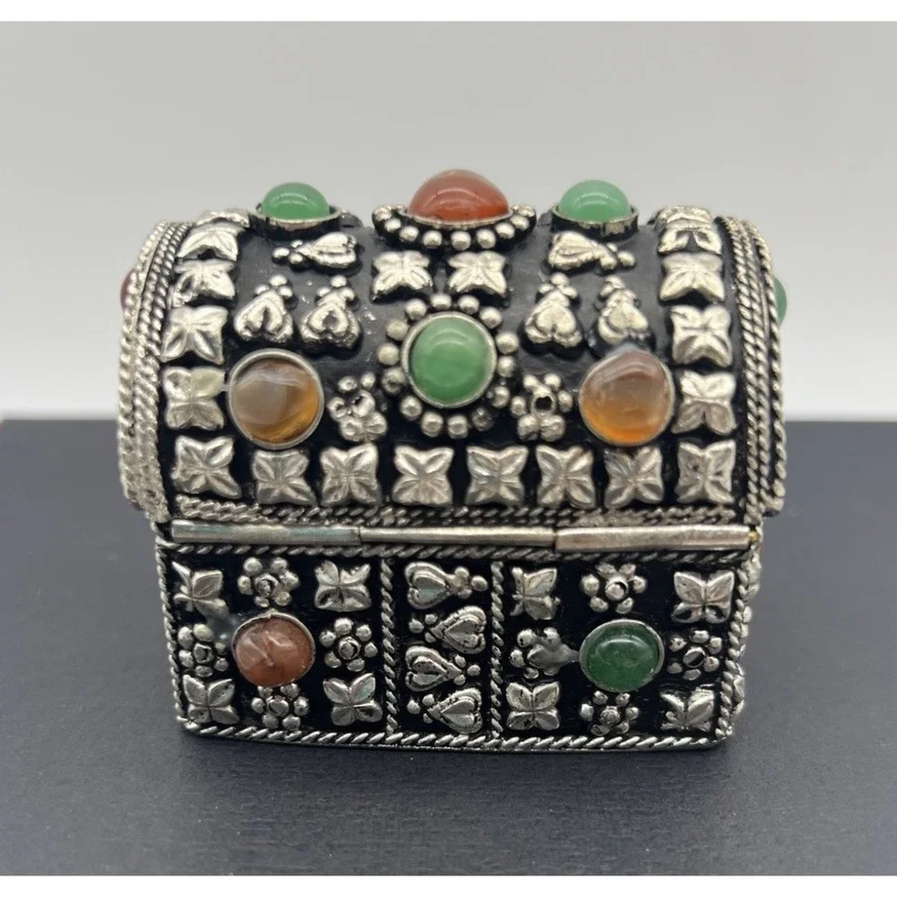 Small Metal and Semiprecious Stones Jewelled Pillbox Trinket Jewelry Box